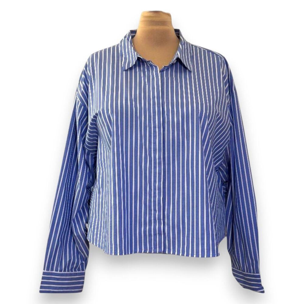 THE DROP Women's Isadora Cropped Blue And White Stripe Poplin Shirt, NWT! 4X